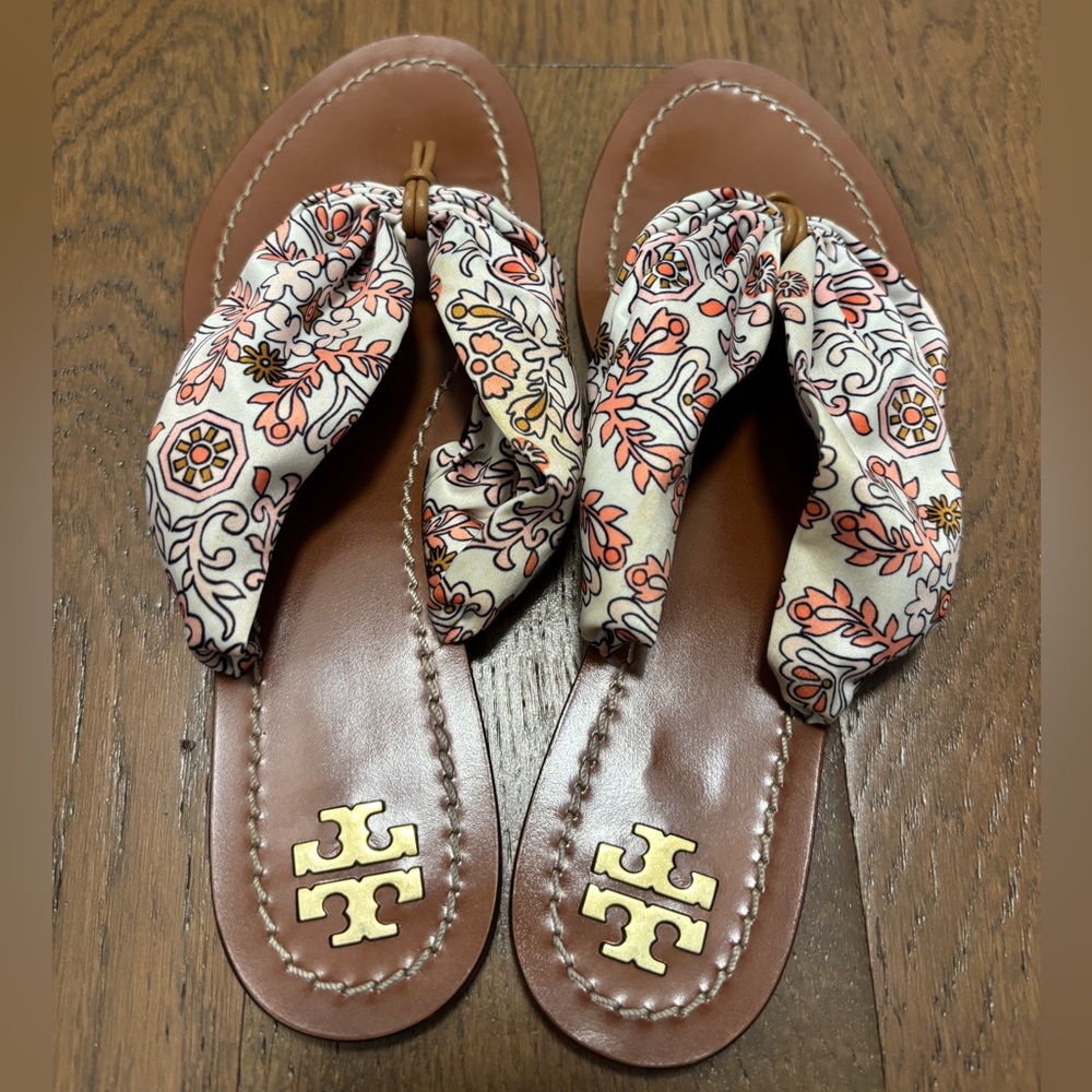 Tory Burch Brown Sandals with Print Ribbon